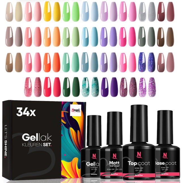 Gelnagels Kleuren Set XL | 34x Gellak box | 2x Top/Base/Mat Coat