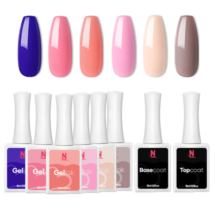 Gellak Kleuren Collectie Box | 6 Kleuren + Top/Base Coat | 15ml | HEMA-Vrij
