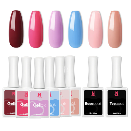 Gellak Kleuren Collectie Box | 6 Kleuren + Top/Base Coat | 15ml | HEMA-Vrij