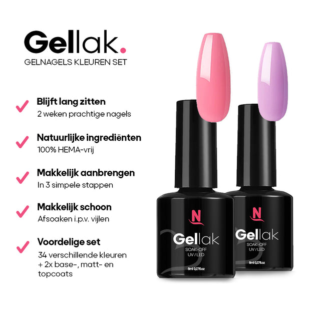Gelnagels Kleuren Set XL | 34x Gellak box | 2x Top/Base/Mat Coat