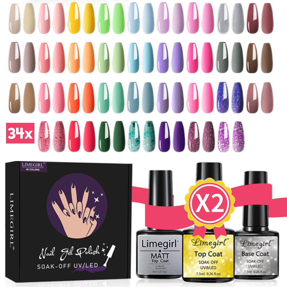 Gelnagels Kleuren Set XL | 34x Gellak box | 2x Top/Base/Mat Coat